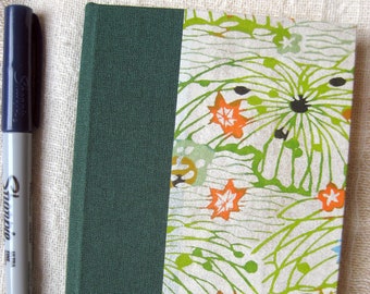 Small Lined Handbound Hardcover Pocket Journal Green/Orange Katazome Flowers