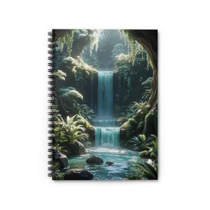 Fantasy Enchanted Forest Spiral Notebook - Ruled Line, Nature Journal, Glowing Mushrooms, Waterfall, Mystical Atmosphere, High Detail, Soft