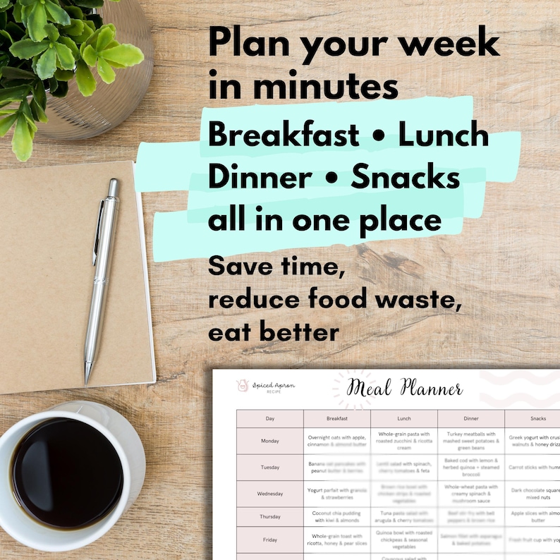 May include: A meal planner with a wooden background. The text reads "Plan your week in minutes" and lists breakfast, lunch, dinner, and snacks. A cup of coffee, a pen, and a plant are also visible.