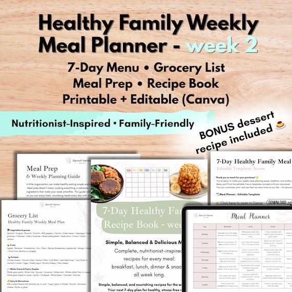 7-Day Healthy Family Meal Planner WEEK 2 • Weekly Menu with Recipes, Grocery List & Meal Prep Guide • Printable PDF + Editable Canva