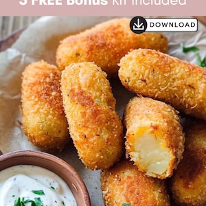 Pode incluir: Close-up de croquetes fritos dourados e crocantes, com um molho branco cremoso numa pequena tigela de madeira. O texto "3 FREE Bonus Kit Included" está no topo. Um botão de download é visível.