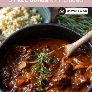 May include: A close-up of a hearty beef stew in a black pot, garnished with rosemary. The stew includes chunks of beef, onions, and carrots in a rich, brown sauce. A wooden spoon rests in the stew. The text "3 FREE Bonus Kit Included" is at the top.
