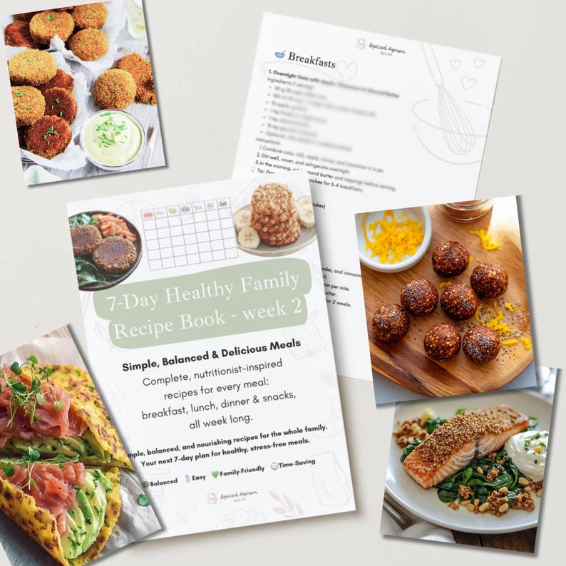 May include: A collection of healthy meal images, including falafel with dipping sauce, a recipe book titled "7-Day Healthy Family Recipe Book - week 2", and a plate of salmon with spinach. The book includes the text "Simple, Balanced & Delicious Meals".