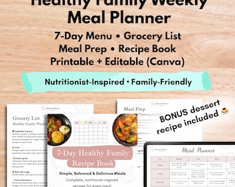 7-Day Family Meal Planner | Healthy Recipes + Grocery List | Editable Canva & Printable PDF • Easy Recipe