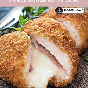 May include: A sliced chicken cordon bleu with a crispy, golden-brown coating. The chicken is filled with ham and melted cheese, with the cheese spilling out. The image includes the text "3 FREE Bonus Kit Included" and a download icon.