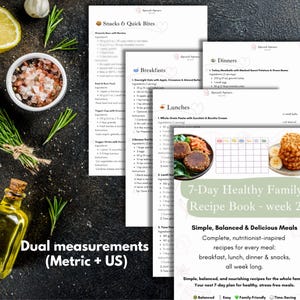 May include: A collection of recipe pages and ingredients, including a bowl of pink salt, rosemary sprigs, olive oil, and a lemon. The recipe book is titled "7-Day Healthy Family Recipe Book - week 2" and features simple, balanced meals.
