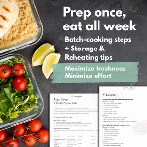 May include: Image of meal prep containers with fresh ingredients, including tomatoes, lettuce, and lime wedges. Text reads "Prep once, eat all week" and "Maximize freshness, minimize effort."