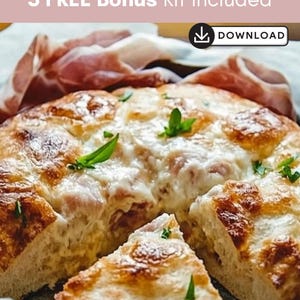 May include: A close-up shot of a freshly baked focaccia bread topped with cheese and meat. The bread is golden brown with a crispy crust and a soft interior. The text "3 FREE Bonus Kit Included" is at the top of the image.