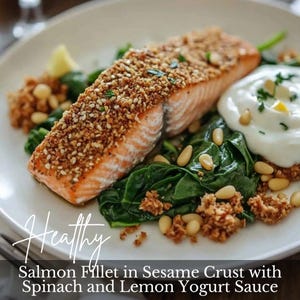 Bestes Lachsfilet mit Sesamkruste | Einfaches gesundes Abendessen | Spinat & Zitrone Joghurt Sauce