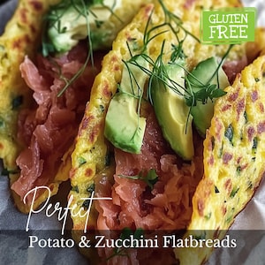 May include: A close-up of gluten-free potato and zucchini flatbreads filled with avocado and salmon. The flatbreads are golden yellow with green flecks, and the avocado is sliced. The text "Perfect Potato & Zucchini Flatbreads" is visible.