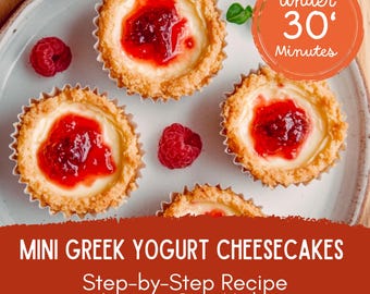 Recept på mini-ostkakor med grekisk yoghurt: Hälsosam, fettsnål dessert (digital nedladdning, PDF-receptkort) • Enkelt recept