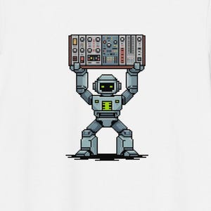 May include: White t-shirt with a pixelated robot design. The robot, in shades of grey, is lifting a rectangular electronic device. The device has multiple buttons and lights. The design is centrally placed on the shirt.