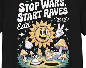 Stop Wars Start Raves – Retro Peace Sunflower Organic T-Shirt