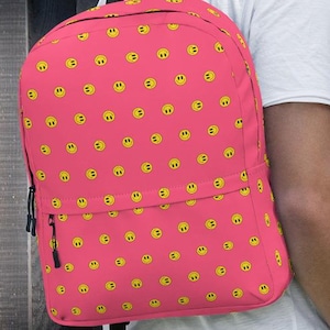 Sac à dos smiley acide rétro - Sac à dos rose vif avec smileys jaunes, parfait pour les raves et les aventures quotidiennes