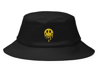 Melting Acid Smiley – Bestickter schwarzer Fischerhut für Raves & Festivals