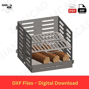 May include: A metal CampAir Grill with a slotted design, holding three logs. The grill has a rectangular shape with a shelf and the text "CampAir Grill". The image also includes the text "DXF Files - Digital Download".