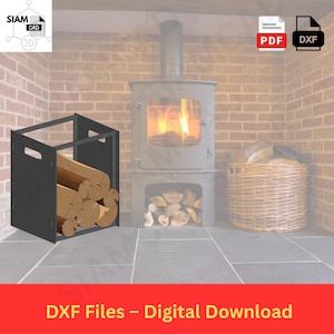 May include: Digital image of a fireplace scene with a black metal log holder filled with logs, a lit stove, and a wicker basket. The image includes the text "DXF Files - Digital Download".