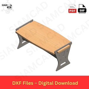 May include: A wooden desk with a light brown surface and gray metal supports. The desk has a curved design and is labeled "DXF Files - Digital Download". The image also includes CAD and PDF icons.