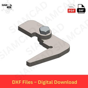 May include: A 3D CAD rendering of a metal bracket with a bolt. The bracket is light gray and has a curved design with a hole. The text "DXF Files - Digital Download" is at the bottom.