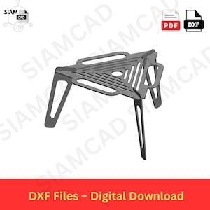 Puede incluir: Un soporte metálico triangular gris con tres patas y un diseño geométrico. El soporte tiene un agujero central y asas recortadas. El texto "DXF Files - Digital Download" se muestra en la parte inferior.