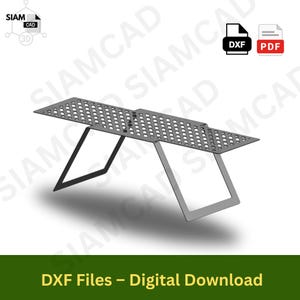 Könnte beinhalten: Ein digital gerenderter, grauer Metalltisch mit perforierter Oberseite und abgewinkelten Beinen. Der Tisch ist rechteckig und hat eine Reihe kleiner, gleichmäßig verteilter Löcher auf der Oberfläche. Der Text "DXF Files - Digital Download" ist enthalten.