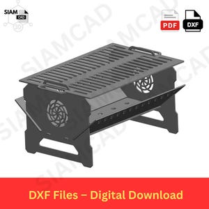 Puede incluir: Una parrilla de metal gris oscuro cortada con láser, con una parte superior ranurada y recortes circulares en forma de ventilador en los lados. El diseño incluye asas y patas anguladas. El texto en la parte inferior dice "DXF Files - Digital Download."