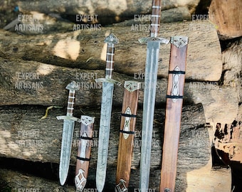 Handgeschmiedeter Damast-Stahl Wikinger-Klingen-Set | Nordisches Mittelalter Dekor | Handgefertigte Long & Short Klingen Set | Sammler Geschenk