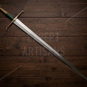 May include: A longsword featuring a double-edged steel blade, a straight brass crossguard, and a green grip wrapped in cord. The pommel is a circular brass disc. The sword is positioned diagonally across the frame with a metallic finish.