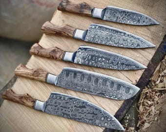 Conjunto de facas de chef forjadas à mão em aço damasco | Facas de cozinha profissionais com estojo de couro | Presente premium para chefs