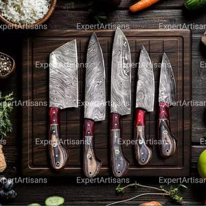 Handmade Damascus Steel Chef Set, Hand Forged Damascus Chef Set, Damascus Chef Knife, Kitchen Knife, Gift for Him, Gift for Wife Chef Set
