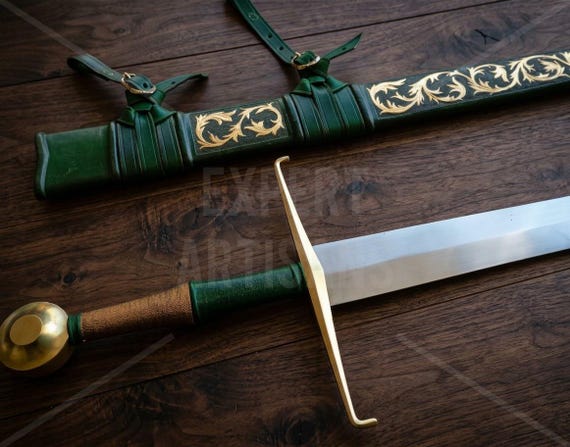 Handmade Medieval Longsword Green Scabbard | Birthday Gift For Men, Husband Gift, Anniversary Prop Decor