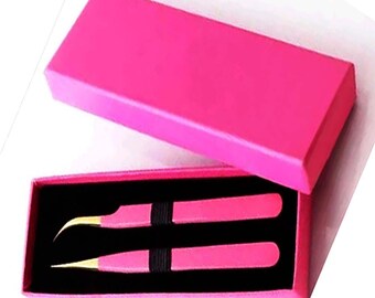 Pink Powder coated bend nose Eyelash Tweezers - Eyebrow Tweezers