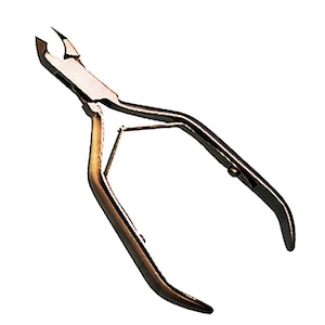 May include: A pair of nail clippers with a curved design. The clippers are made of shiny, metallic material and have a sharp, angled cutting edge. The handles are curved for a comfortable grip.