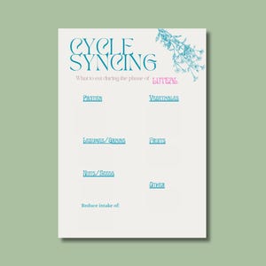 May include: A white paper with teal text and a floral illustration. The text reads "CYCLE SYNCING" and lists food categories: Protein, Vegetables, Legumes/Grains, Fruits, Nuts/Seeds, and Other. The background is a light green.