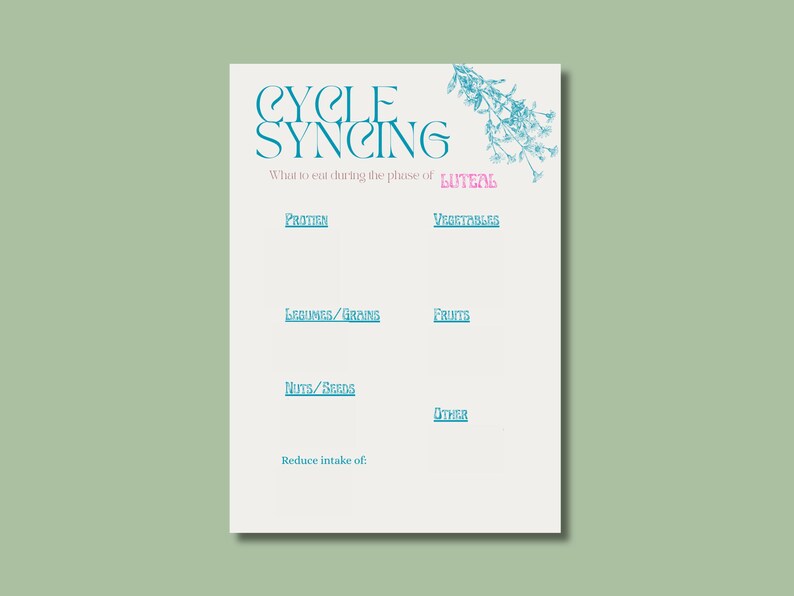 May include: A white paper with teal text and a floral illustration. The text reads "CYCLE SYNCING" and lists food categories: Protein, Vegetables, Legumes/Grains, Fruits, Nuts/Seeds, and Other. The background is a light green.