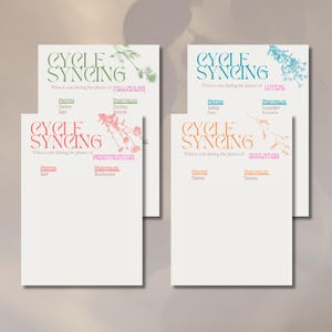 May include: Four white cards with text and floral illustrations. The cards are titled "Cycle Syncing" and list food recommendations for different phases: Follicular, Luteal, Menstruation, and Ovulation. The text is in various colors, including green, blue, orange, and pink.