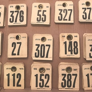 10 Vintage Auction Number Tags . Gold Metal Rings . Stock Yard Supply Co. Morristown TN . Industrial . Junk Journal . Gift Tag . Childs Play
