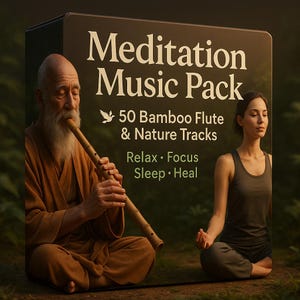 May include: A digital music pack labelled "Meditation Music Pack" showing a man playing a bamboo flute and a woman meditating. The pack includes 50 bamboo flute and nature tracks, with text promoting relaxation, focus, sleep, and healing.