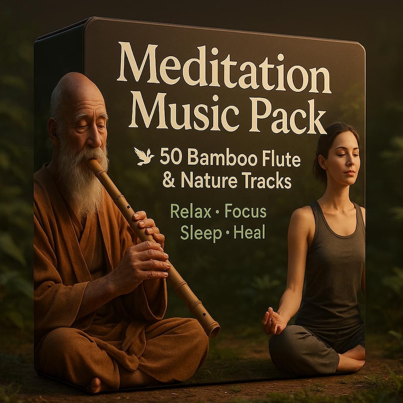 May include: A digital music pack labelled "Meditation Music Pack" showing a man playing a bamboo flute and a woman meditating. The pack includes 50 bamboo flute and nature tracks, with text promoting relaxation, focus, sleep, and healing.