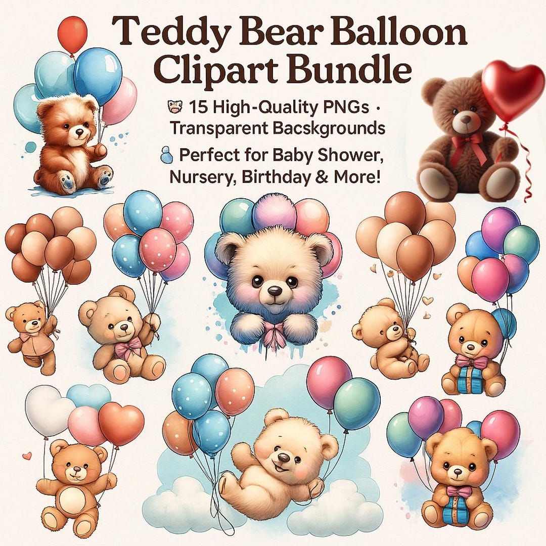 Watercolor Teddy Bear Balloon Clipart: Baby Shower PNG Bundle - Etsy