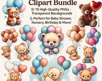 Imágenes prediseñadas de globos y ositos de peluche en acuarela: paquete PNG para baby shower
