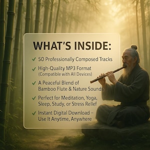 May include: A digital download advertisement featuring a man playing a bamboo flute. Text on the image lists the contents: 50 tracks, MP3 format, bamboo flute and nature sounds. The background shows bamboo trees, creating a serene atmosphere.