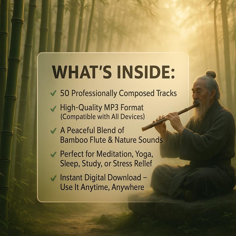 May include: A digital download advertisement featuring a man playing a bamboo flute. Text on the image lists the contents: 50 tracks, MP3 format, bamboo flute and nature sounds. The background shows bamboo trees, creating a serene atmosphere.
