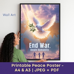 End War Begin Humanity | Peace  Wall Art | Israel & Iran Map | Anti-War Poster | JPEG and PDF Printable Digital Download | Unity and Hope