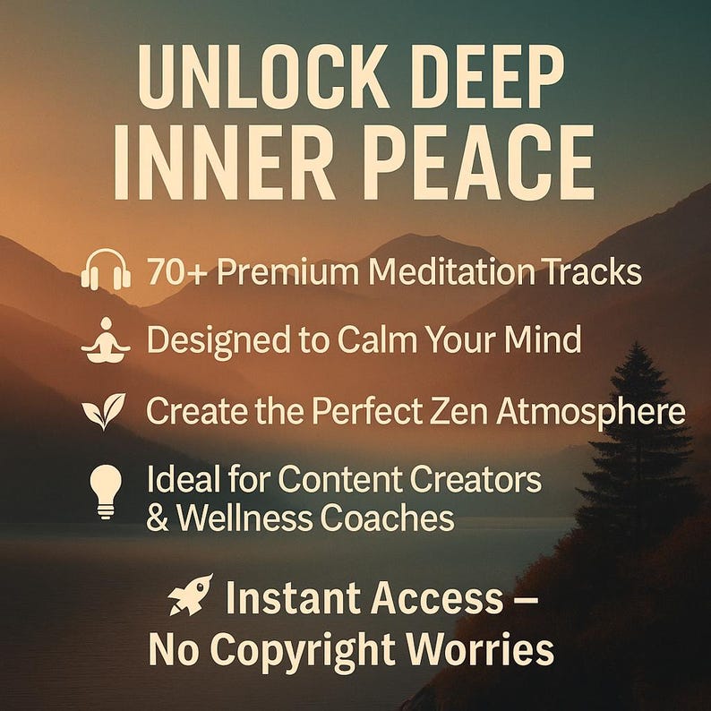 Pu&ograve; includere: Immagine promozionale con il testo "UNLOCK DEEP INNER PEACE". Elenca funzionalit&agrave; come 70+ tracce di meditazione premium, progettate per calmare la mente e creare un'atmosfera zen perfetta. Menziona anche l'accesso immediato e nessun problema di copyright.