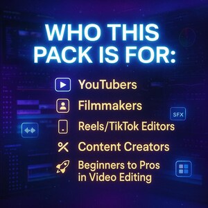 Puede incluir: Gr&aacute;fico digital con el texto "PARA QUI&Eacute;N ES ESTE PAQUETE:" seguido de una lista de creadores de v&iacute;deo, incluidos YouTubers, cineastas y creadores de contenido. El gr&aacute;fico est&aacute; sobre un fondo azul oscuro.