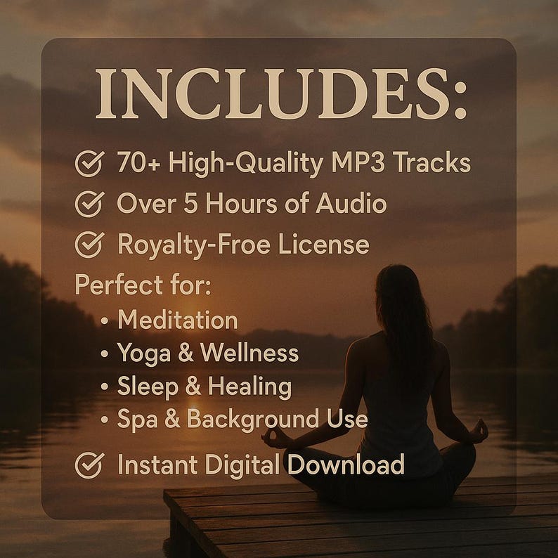 Pu&ograve; includere: Annuncio di download digitale con testo: "INCLUDE: 70+ tracce MP3 di alta qualit&agrave;, oltre 5 ore di audio, licenza royalty-free". Elenca "Meditazione, Yoga e Benessere, Sonno e Guarigione, Uso in spa e in sottofondo".