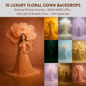Luxury Floral Gown Photography Backdrop Bundle – 10 Ethereal Digital Backgrounds, Romantic Fantasy Portrait Backdrops, Dreamy Flower Scene