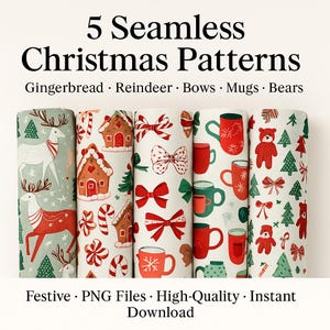 5 Seamless Christmas Patterns Bundle –  Gingerbread, Bows, Reindeer, Mugs & Teddy Bears – Festive Clipart for Fabric, Cards and Crafts | PNG