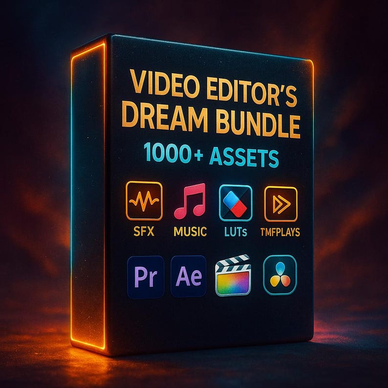 Puede incluir: Una caja negra con el texto "VIDEO EDITOR'S DREAM BUNDLE 1000+ ASSETS" en dorado y naranja. Se muestran iconos para SFX, Music, LUTs y TMFPLAYS. Tambi&eacute;n son visibles iconos de software para Pr, Ae, una claqueta y una paleta de colores.